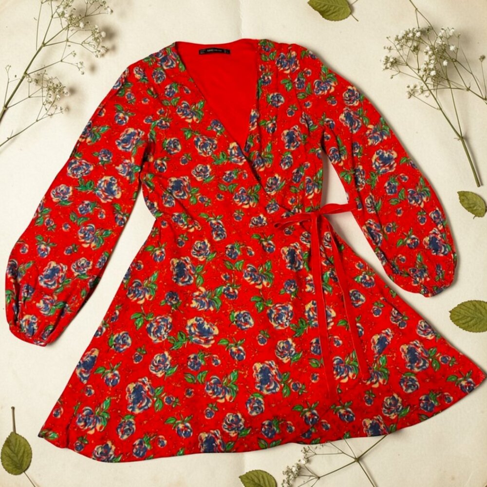 Zara Trafaluc Red Floral Wrap Dress w/ Hidden Shorts – Skort Romper Style, S